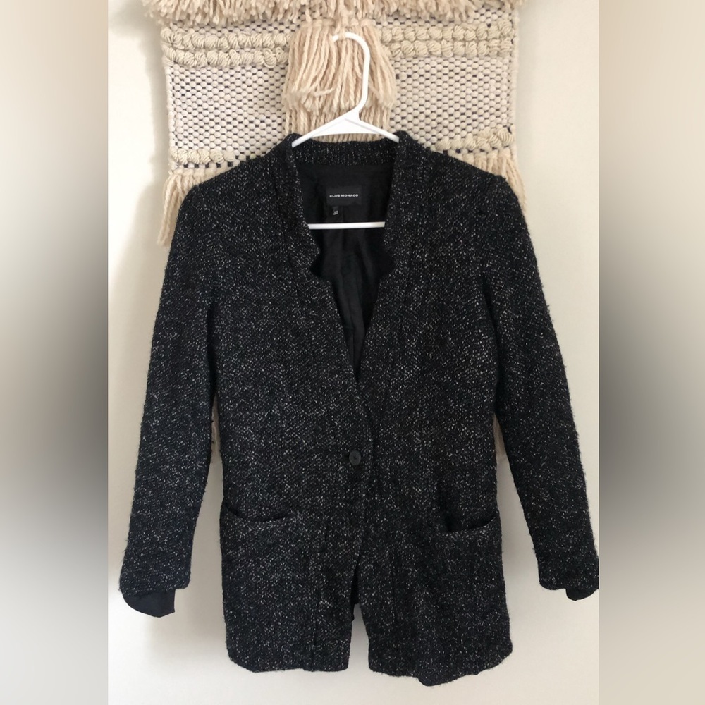 Club Monaco Wool Tweed Blazer Single Button Notched Lapel Grey Black